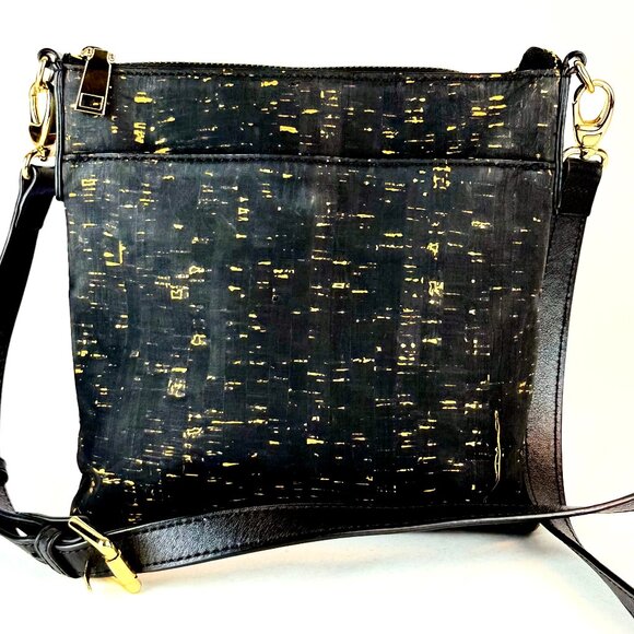 QUEORK Black Cork Crossbody Bag with Gold Flecks, Vegan Leather, Striped Lining - Picture 1 of 11